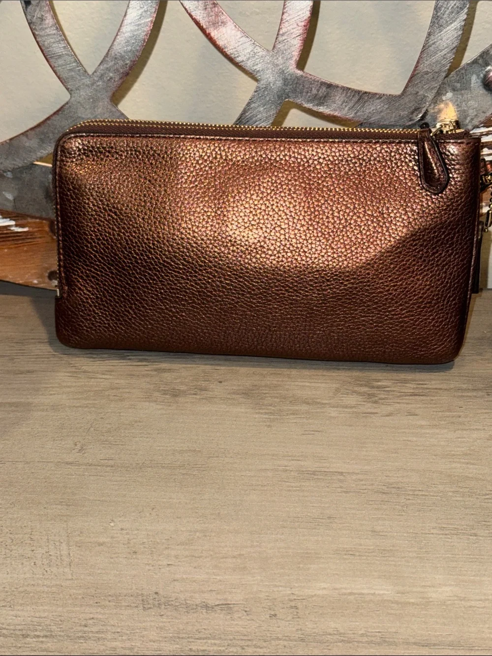 COACH Metallic Bronze-copper Studded Leather Wristlet Clutch